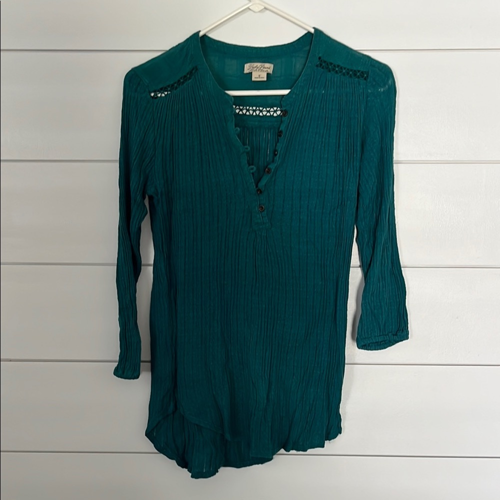 Lucky Brand Blue Green 3/4 Sleeve Ribbed Blouse